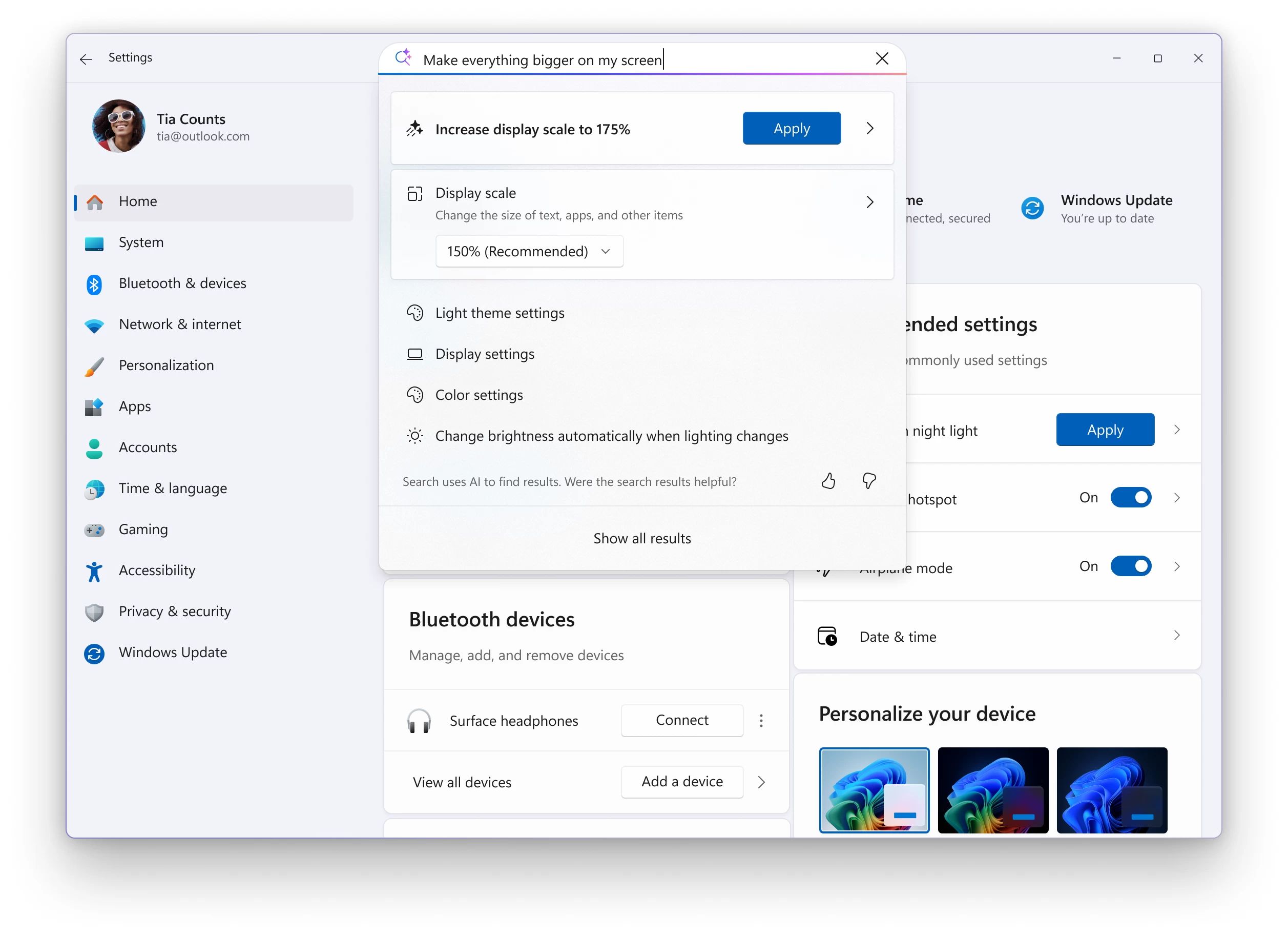 More available results are displayed within search and take action to quickly modify those settings.