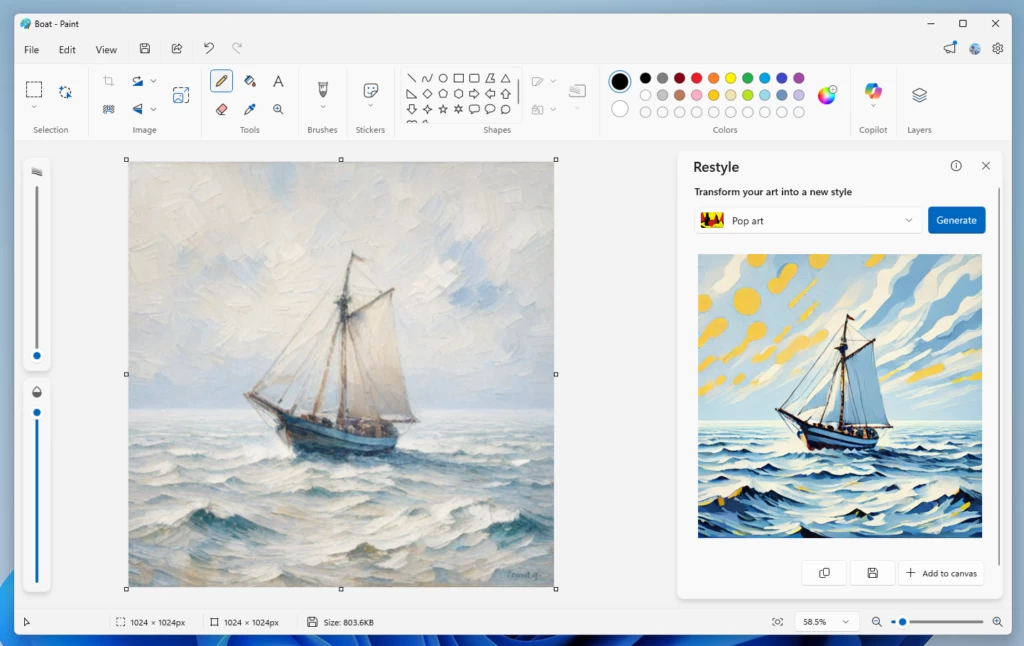The Restyle feature in Paint on Windows 11