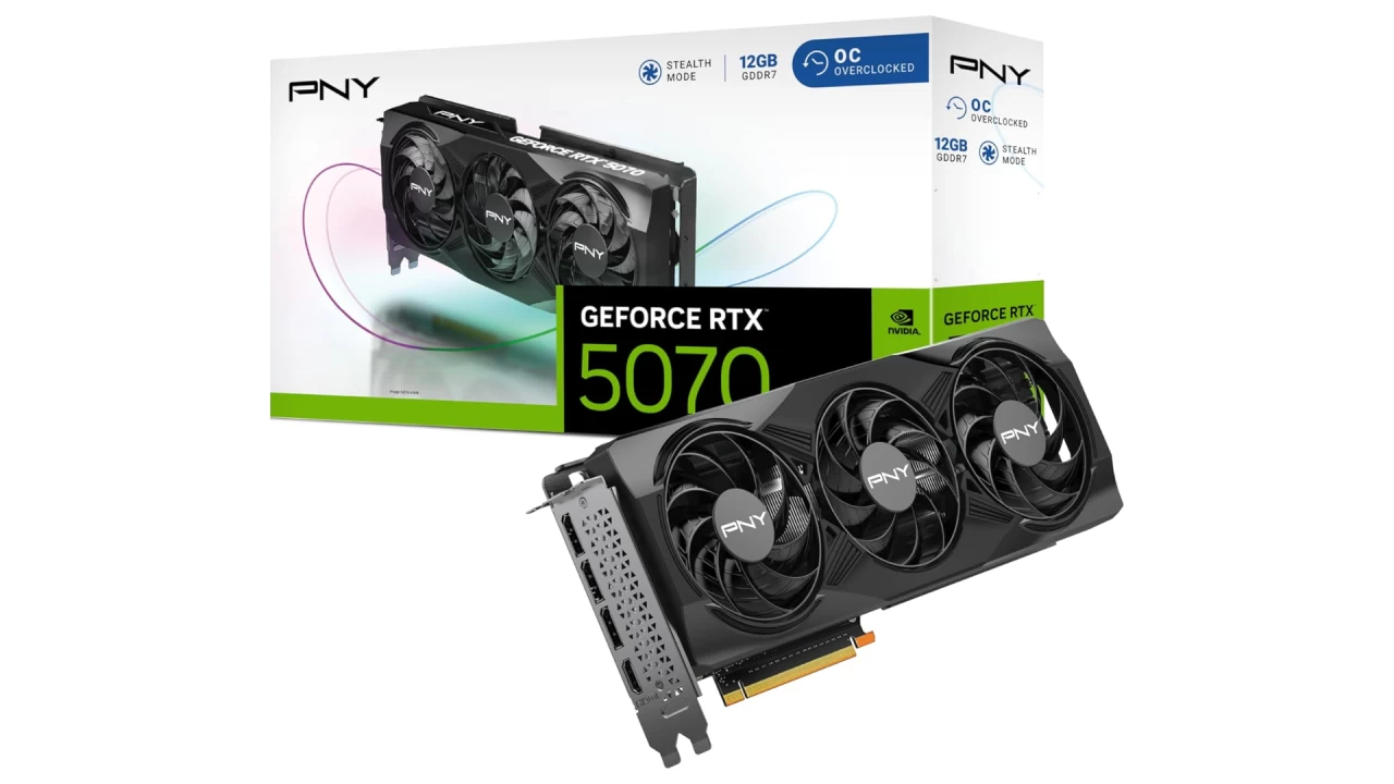 The RTX 5070 graphics card from PNY