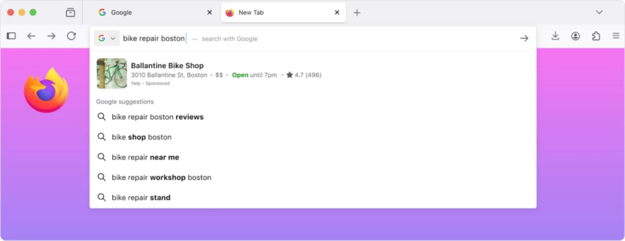 A Firefox browser window with a gradient pink-to-purple background The Google search bar shows the q