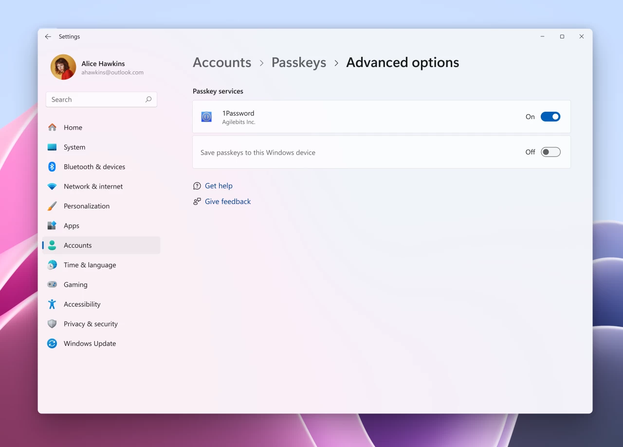 1Password will now show as a passkey provider within the Windows 11 Settings app under Accounts  Pas