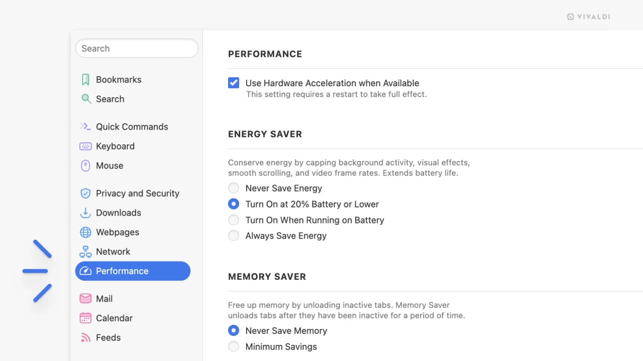 The new Performance section in the Settings where the user can select their desired level of Energy 