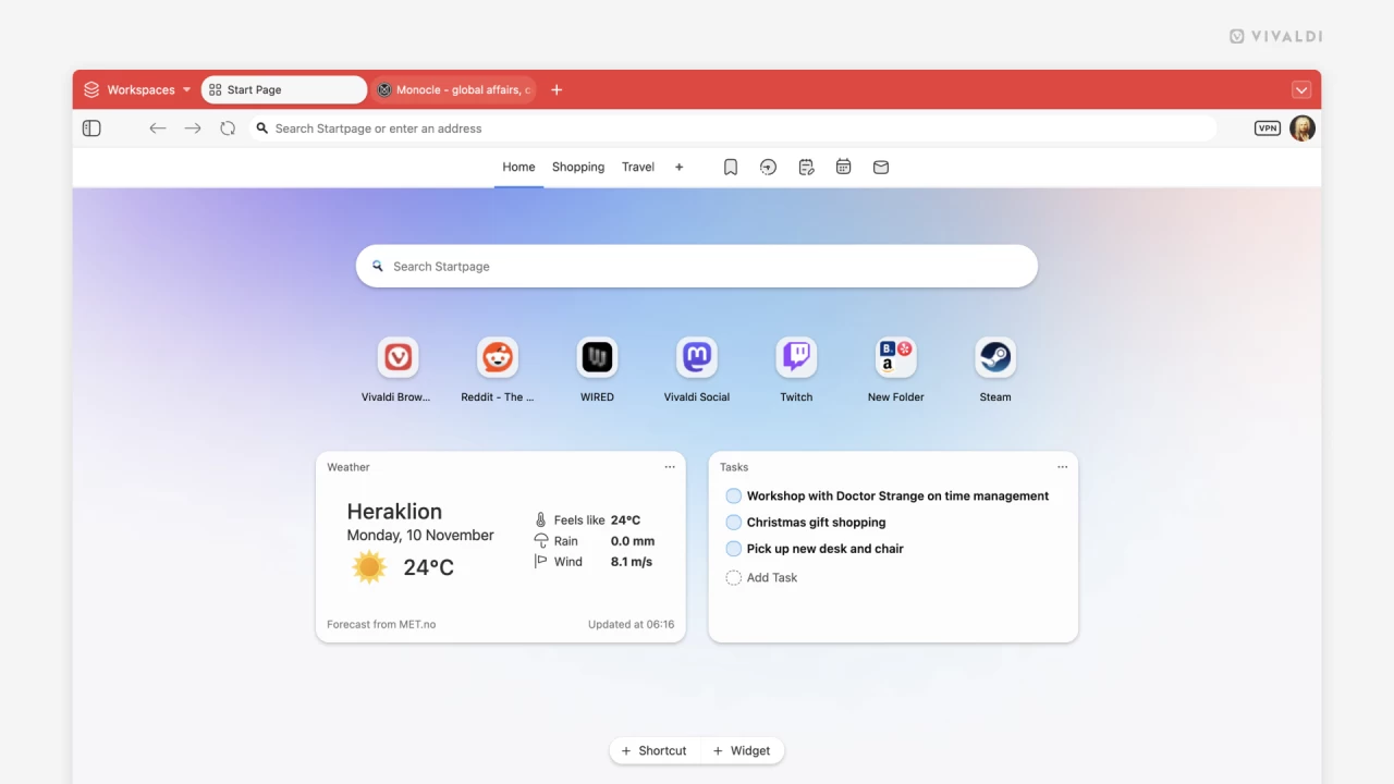 The Startpage on Vivaldi on Desktop showing first a line of Speed Dials with the weather and tasks w
