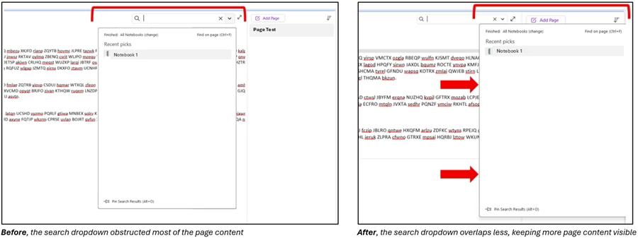 Before and after of search UX in OneNote on Windows