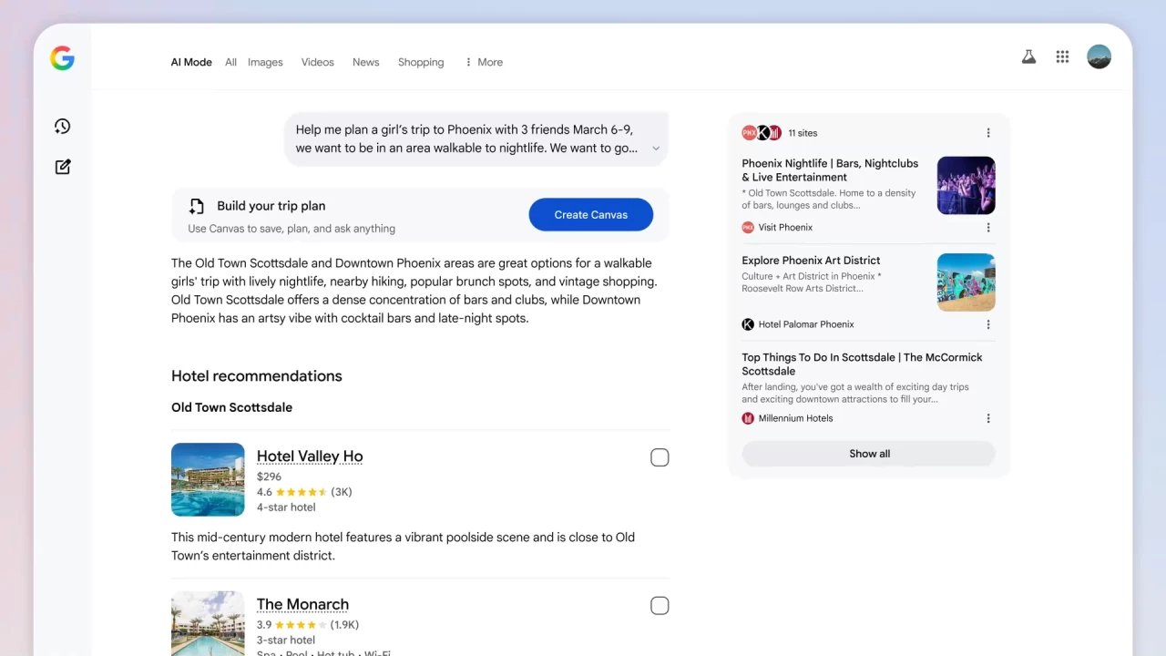 AI Mode Canvas Travel Features
