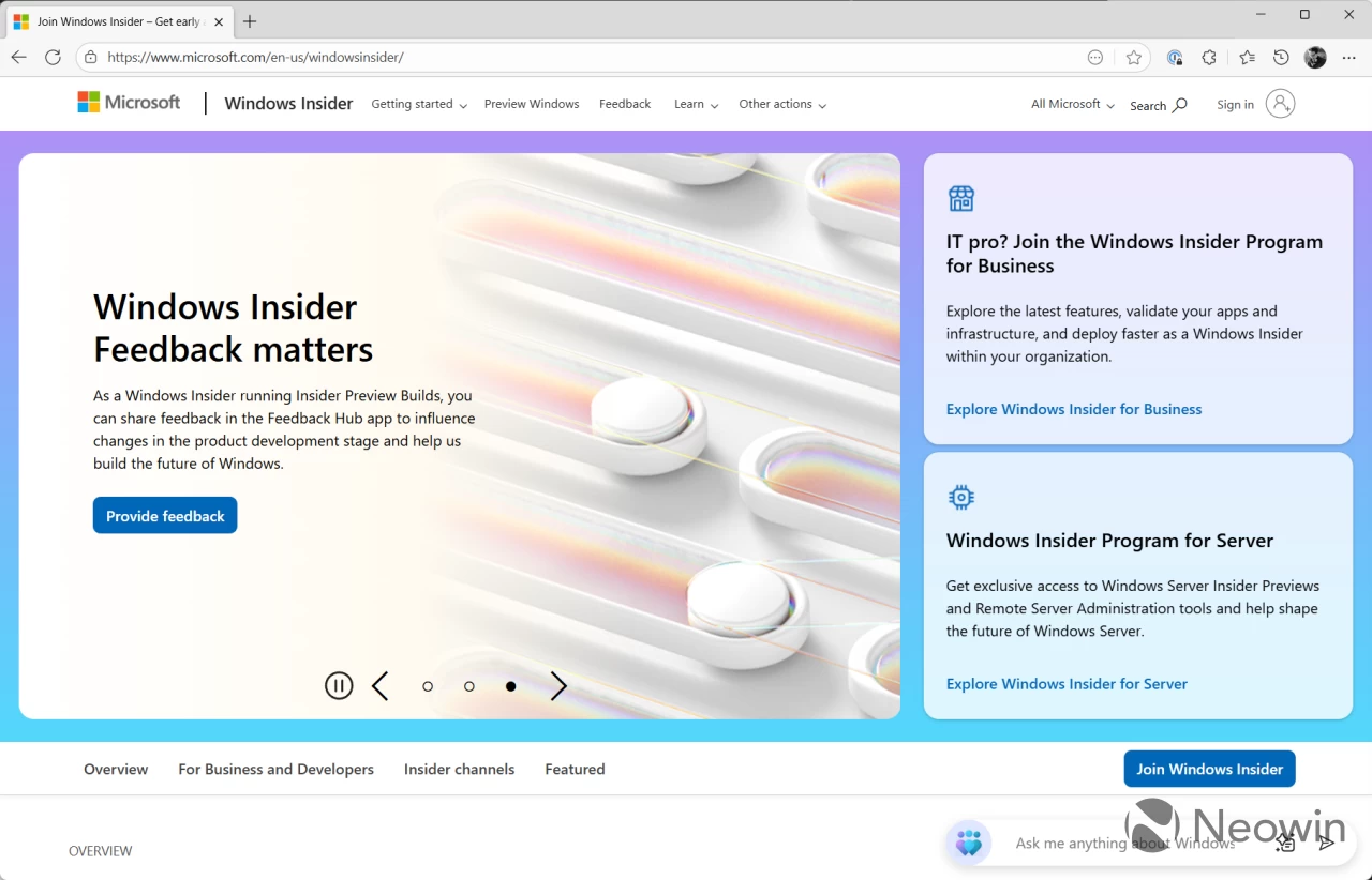 The redesigned Windows Insider Program website