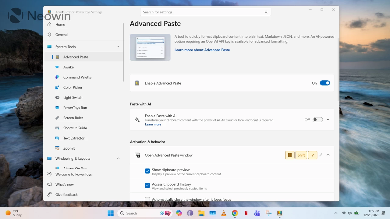 Advanced Paste open in PowerToys