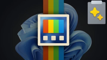 PowerToys logo on rainbow stripes and Windows wallpaper with Advanced Paste icon on top-right