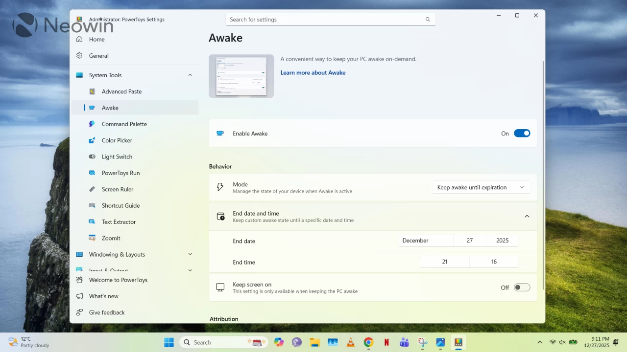 PowerToys Awake open in Windows 11 and the Taskbar