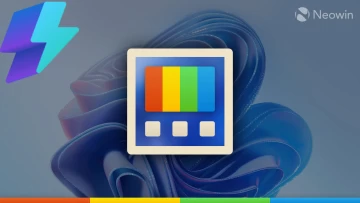 Command Palette icon on the top left corner of a Windows 11 wallpaper with PowerToys logo in the cen