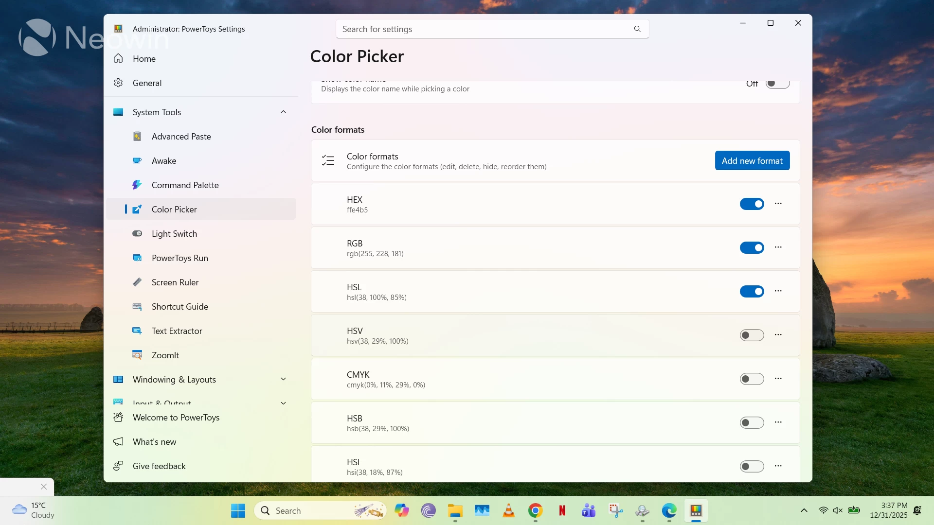 Color Picker in PowerToys open on Windows 11