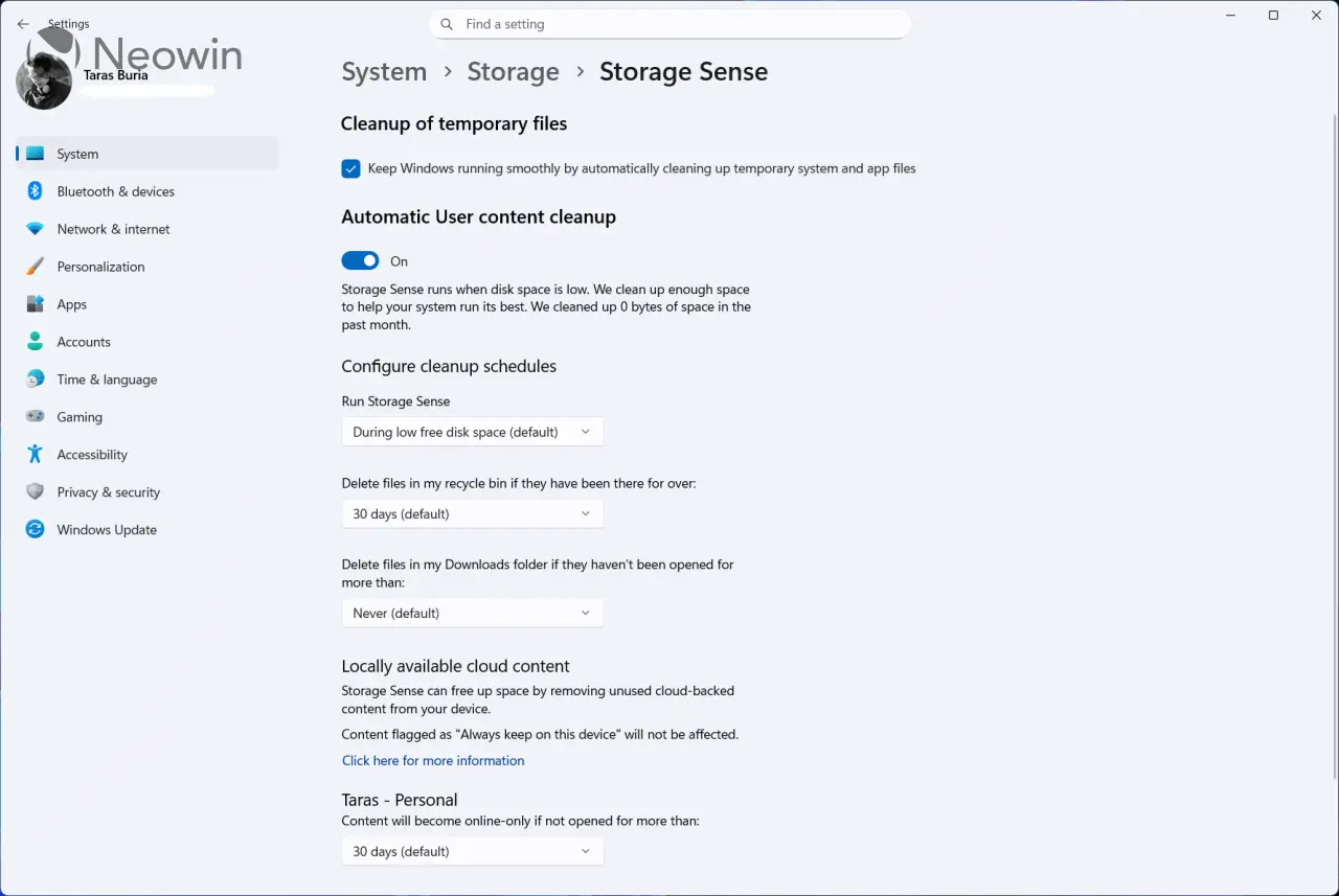 विंडोज 11 स्टोरेज सेन्स सेटिंग्ज