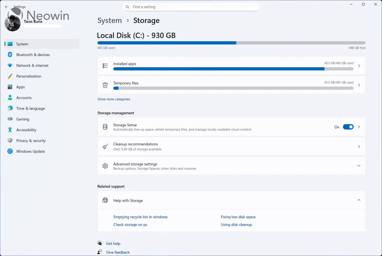 विंडोज 11 स्टोरेज सेन्स सेटिंग्ज