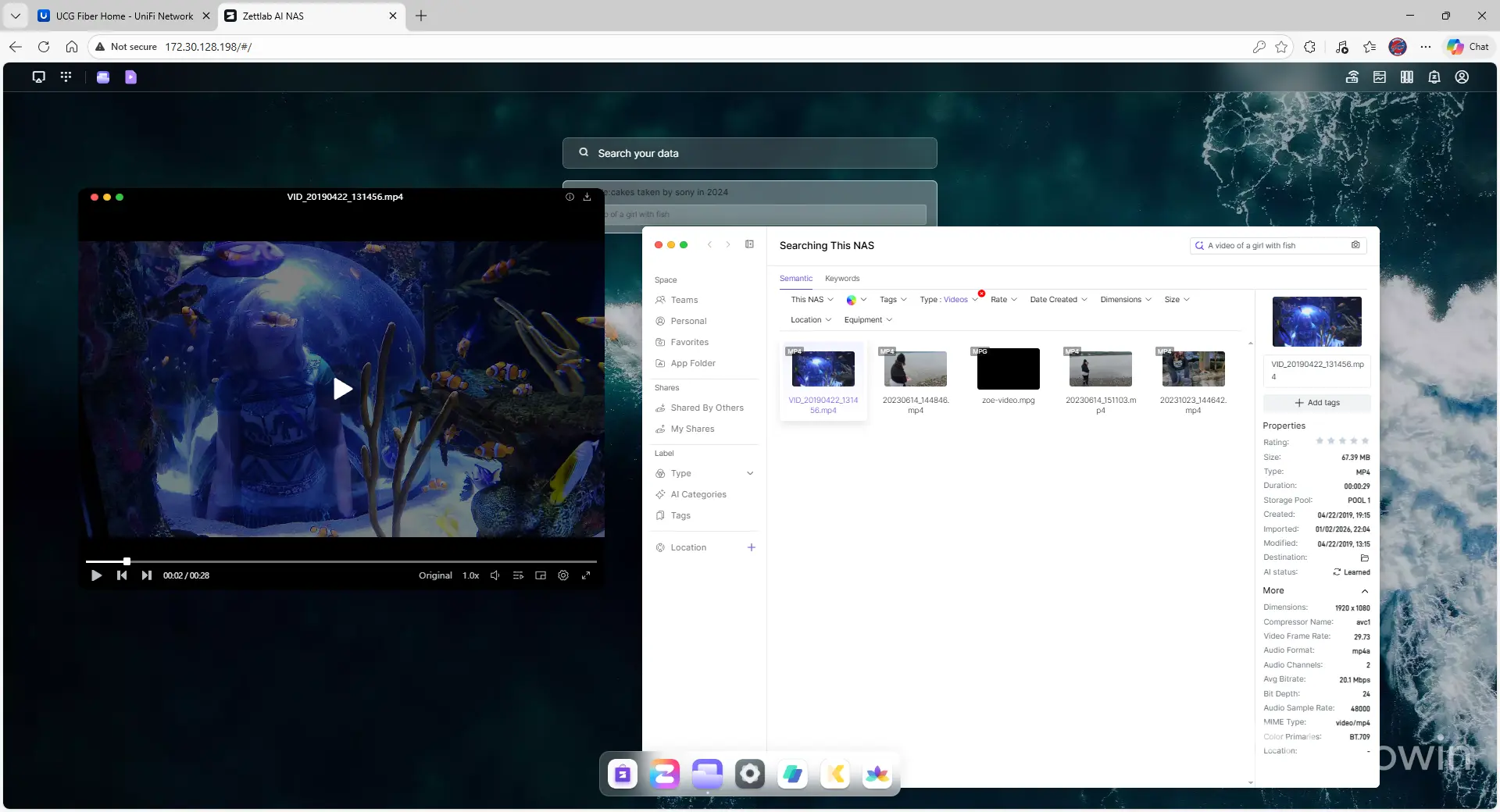 Screenshot of ZettOS showing a search result of a girl with fish