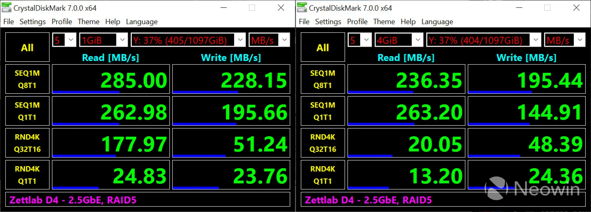 Screenshots from CrystalDiskMark showing performance of the Zettlab D4