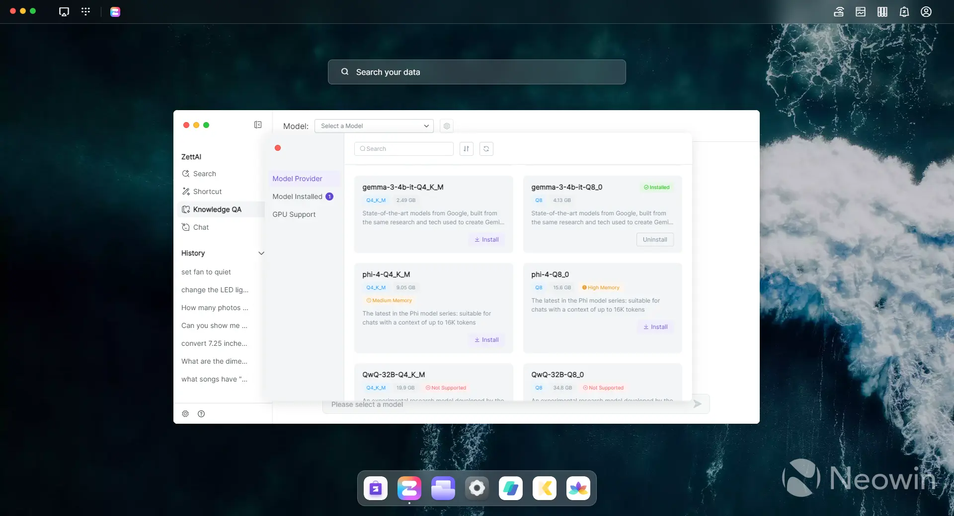 Screenshot of the Zettlab Windows desktop app showing the LLM models you can download