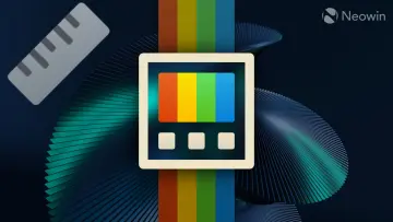 PowerToys logo on rainbow stripes and Windows wallpaper with Screen Ruler icon on top-left