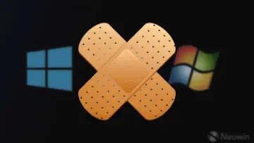 Windows logos blurred in the background with a band-aid superimposed on top