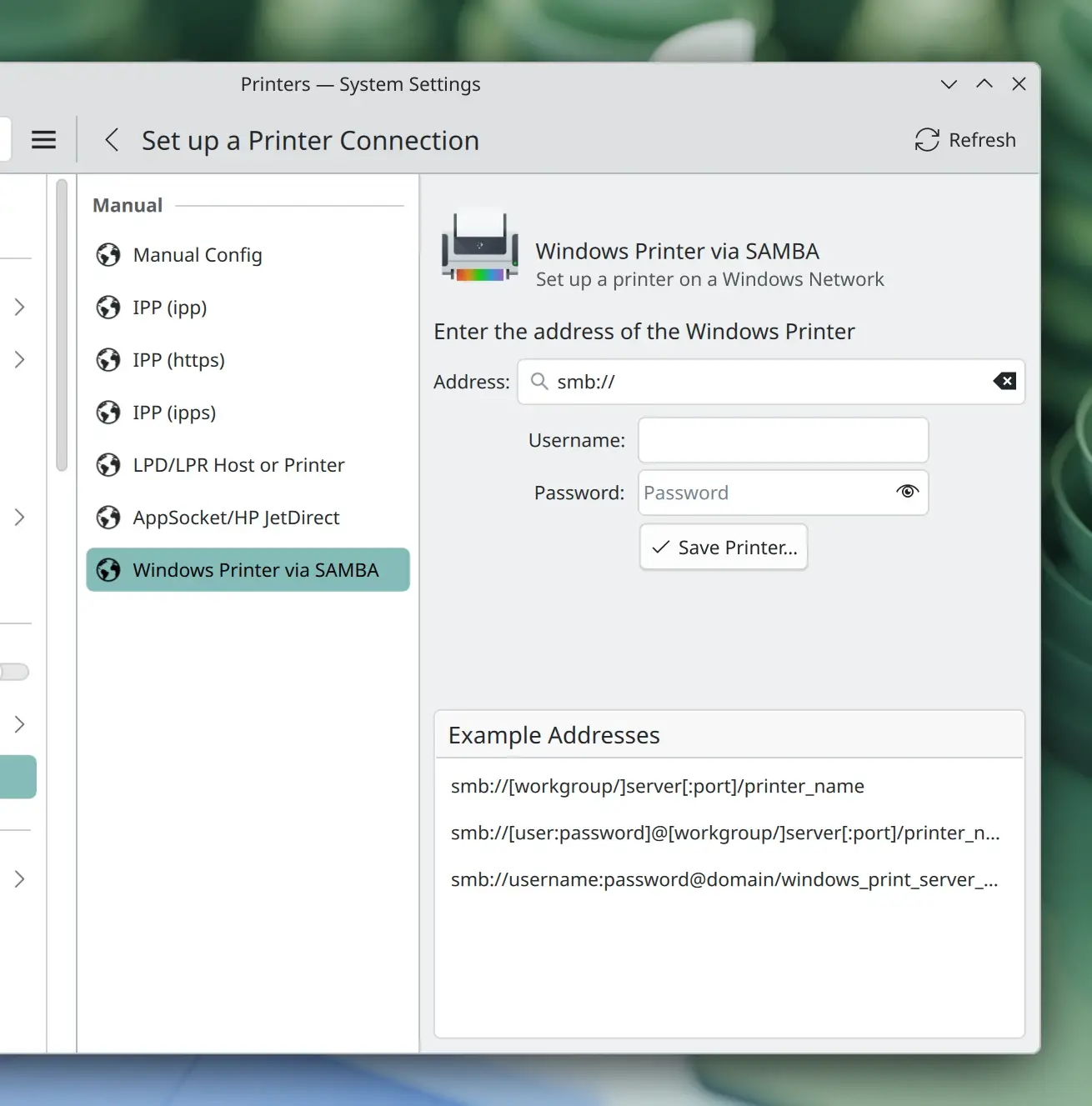 System Settings Printers page showing support for adding Windows shared printers