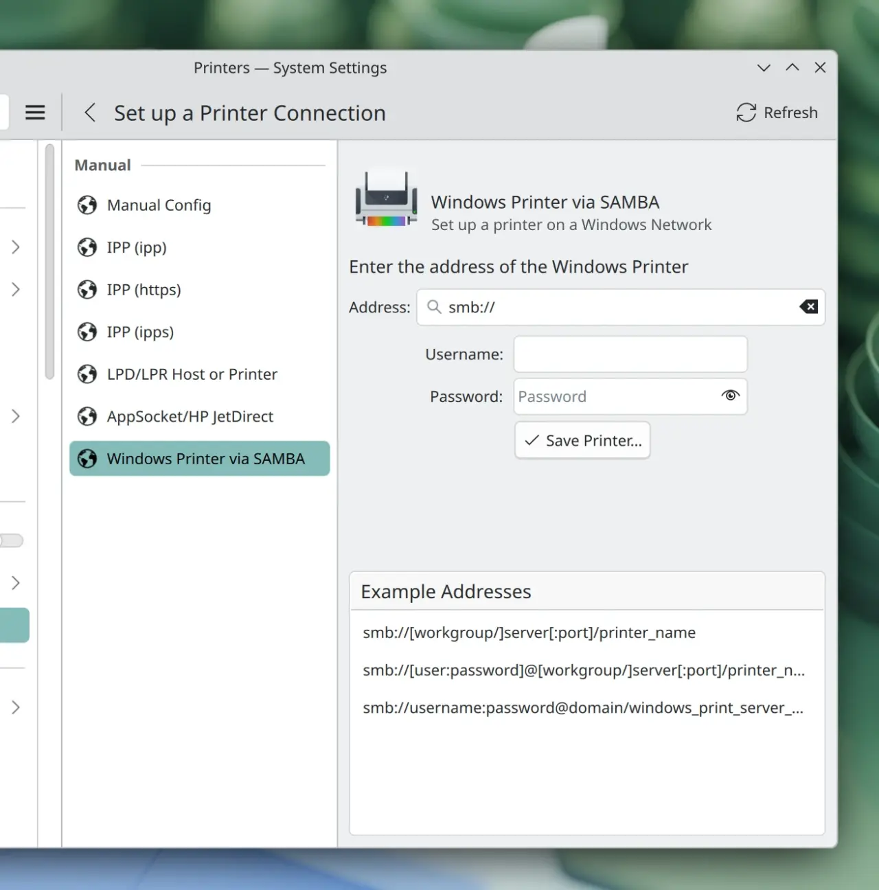 System Settings Printers page showing support for adding Windows shared printers