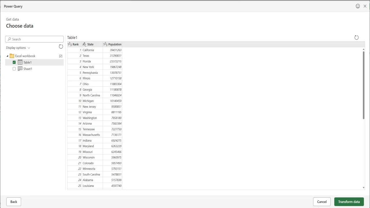 Press Next and choose the table you wish to import