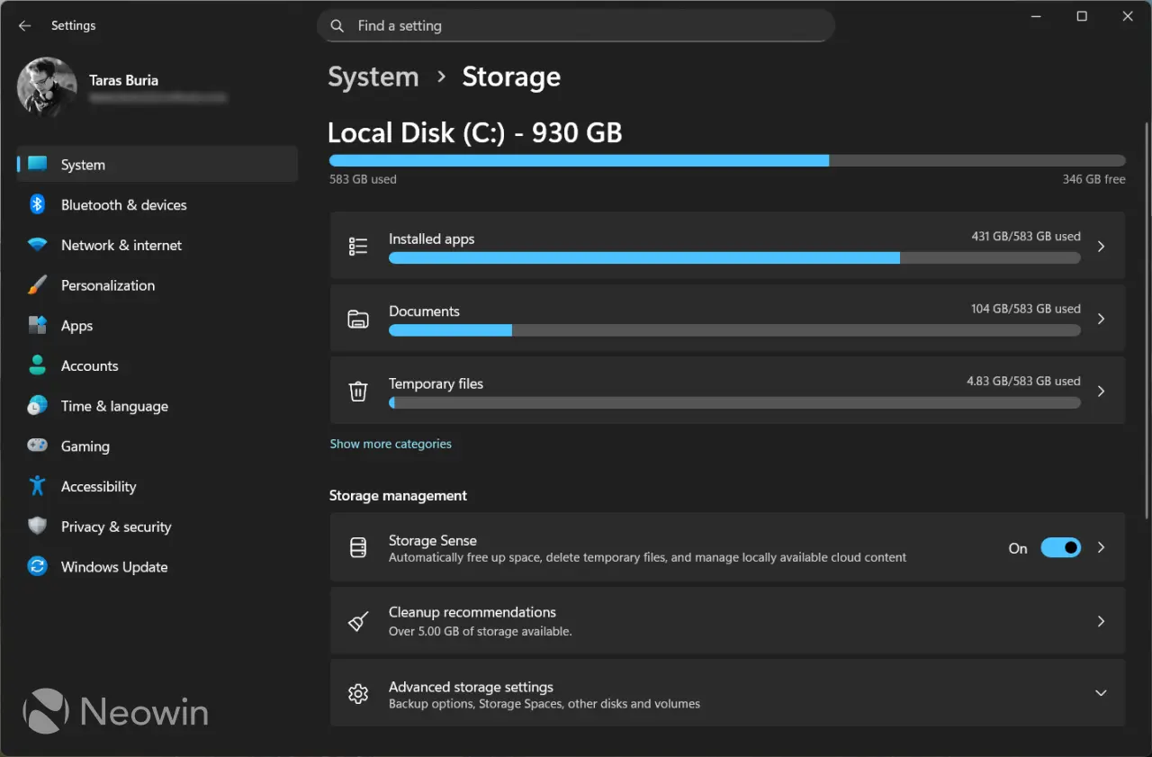 Storage Settings in Windows 11