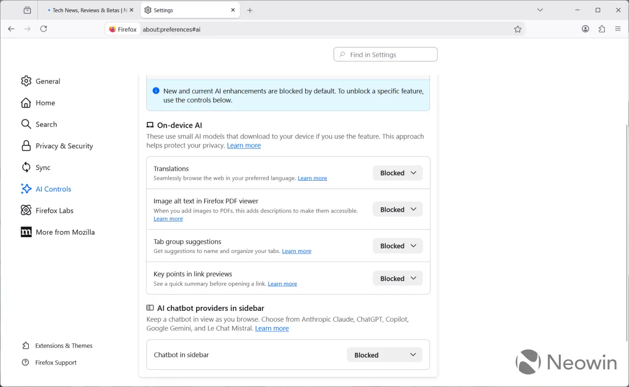 AI controls in Firefox 148