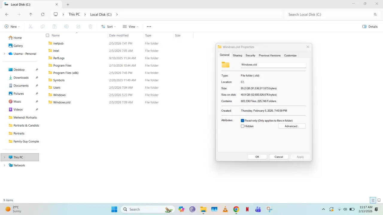 A screenshot showing the properties of the Windowsold folder in Windows 11