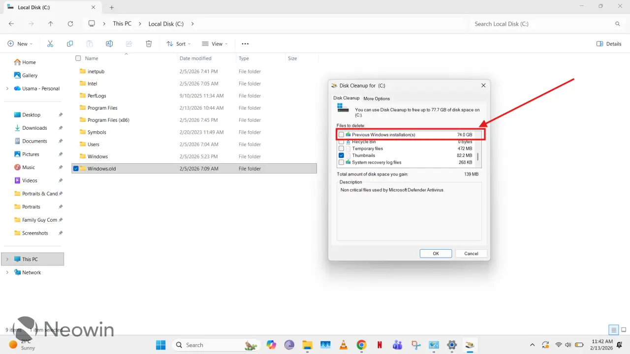 Disk Cleanup UI with the option to delete previous Windows installations highlighted