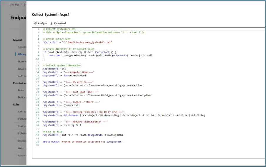 Library Management UX for a PowerShell script in Microsoft Defender
