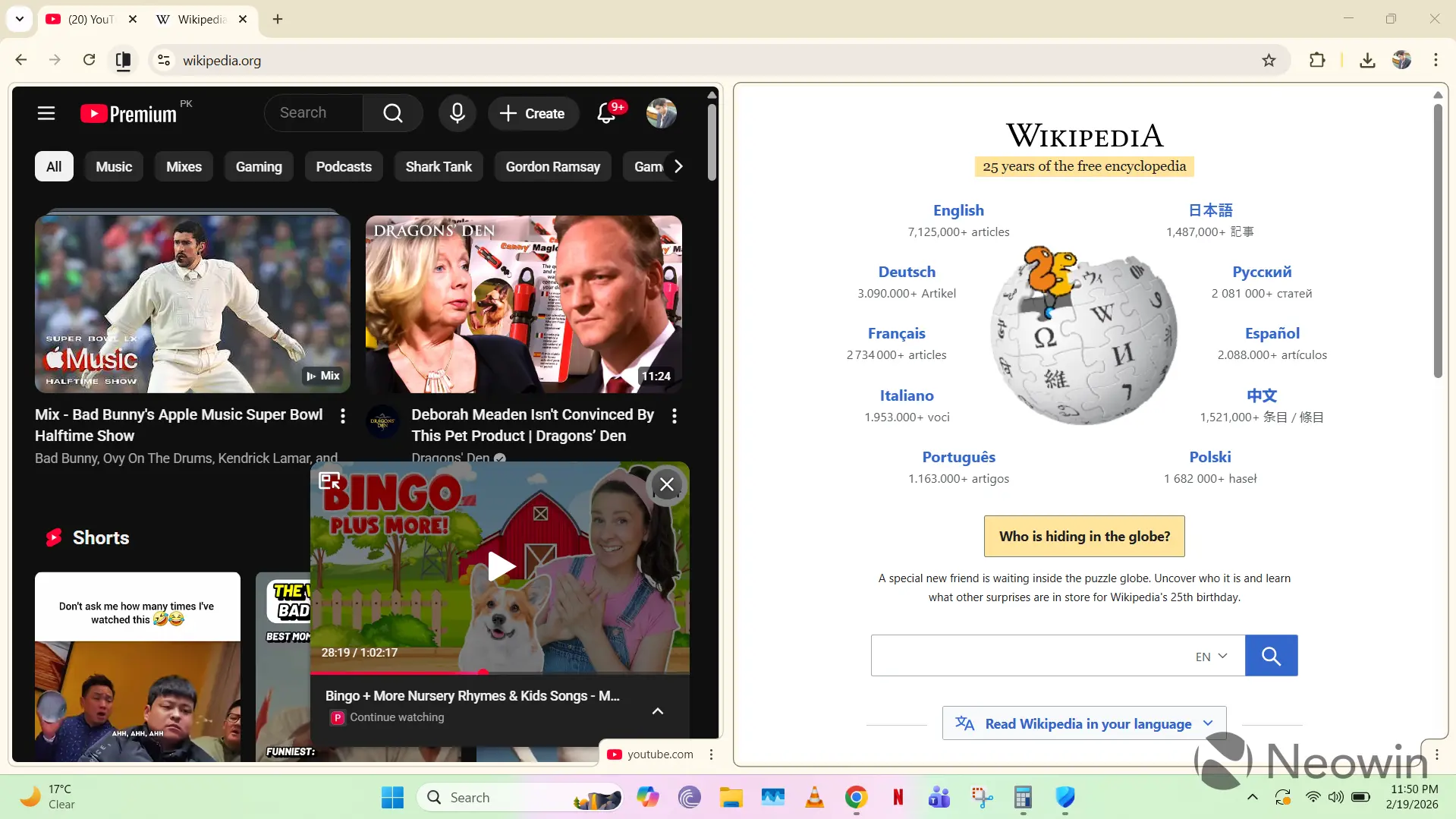 Split View with YouTube and Wikipedia open in Google Chrome on Windows 11