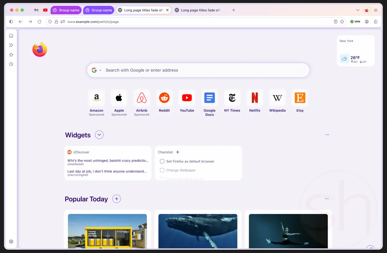 New Tab page in Firefox Nova