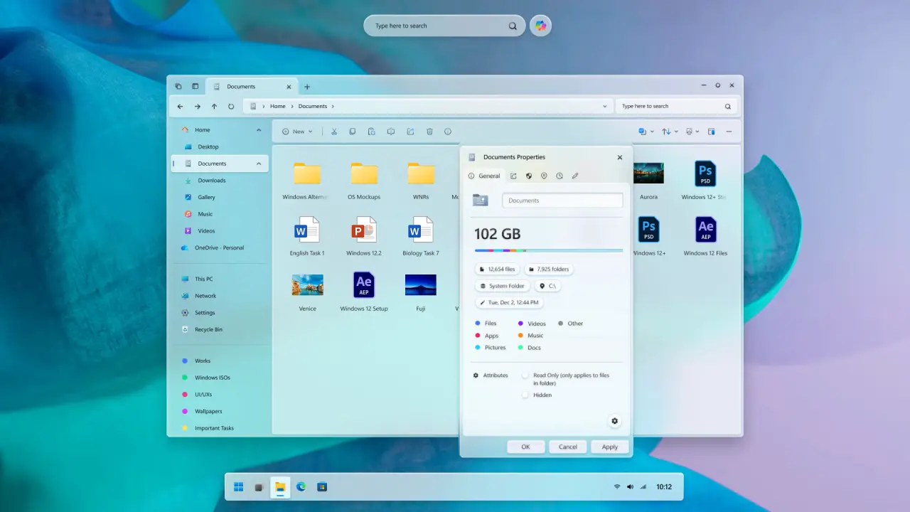 Screenshots of a File Explorer concept in Windows 12