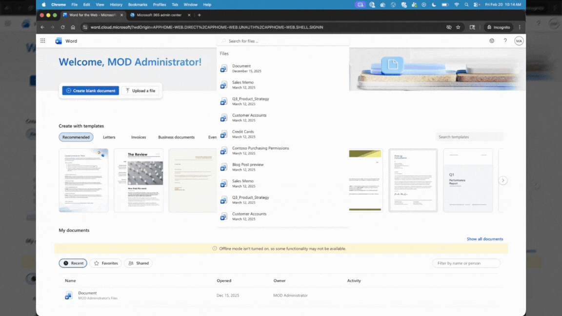 A GIF showing the search bar interface in Word Online