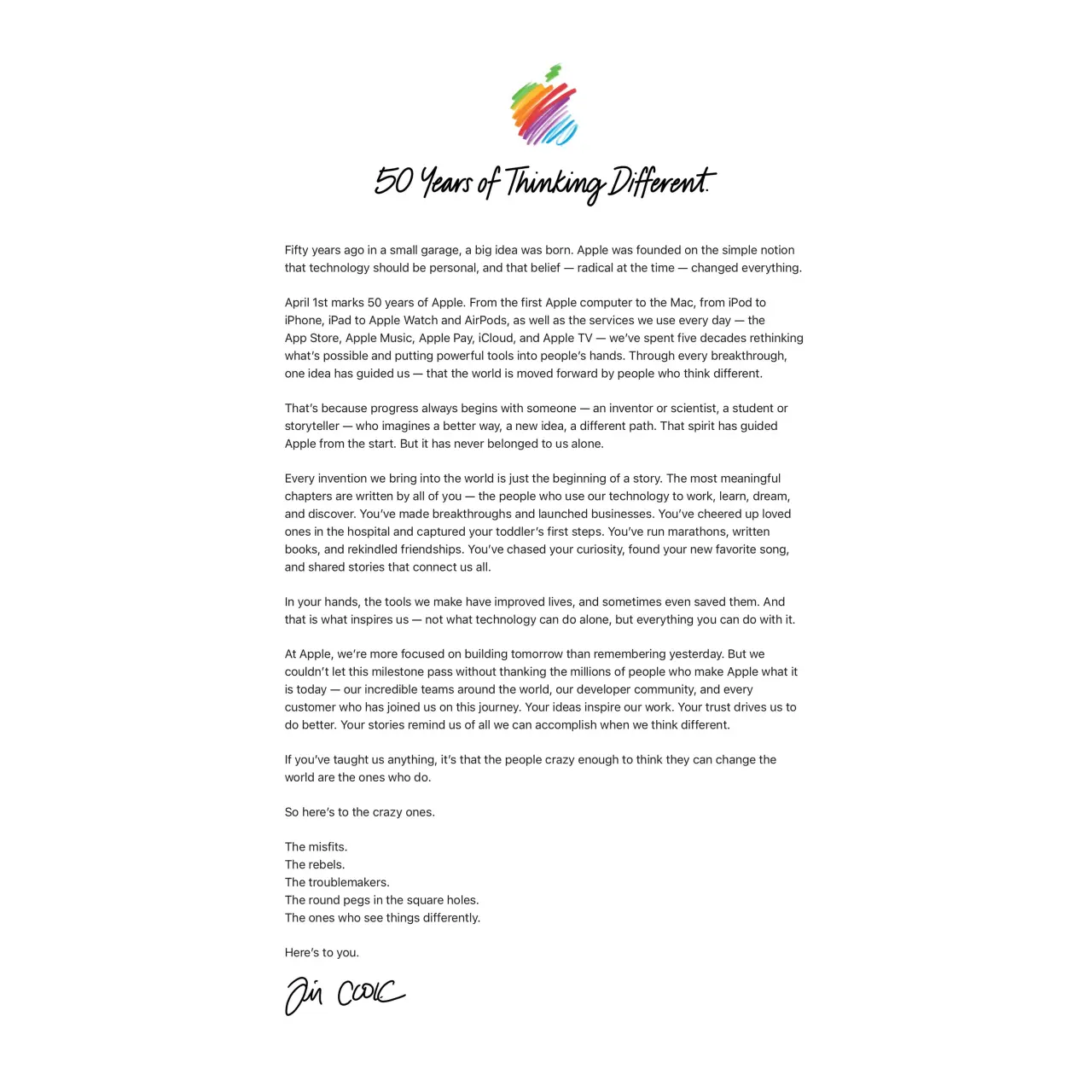 Tim Cook letter for Apple 50th Anniversary