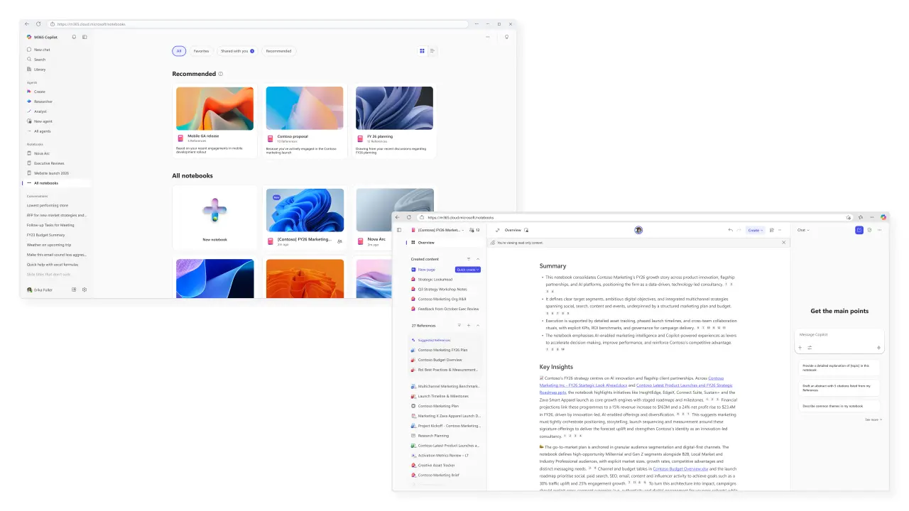 Screenshots of Microsoft Copilot Notebooks design refresh