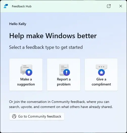 Redesigned Feedback Hub app in Windows 11