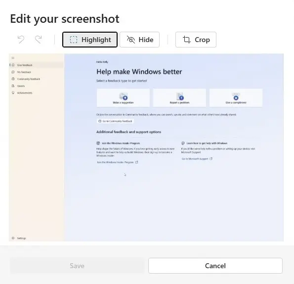 Edit your screenshot by clicking on the screenshot to highlight, hide or crop.