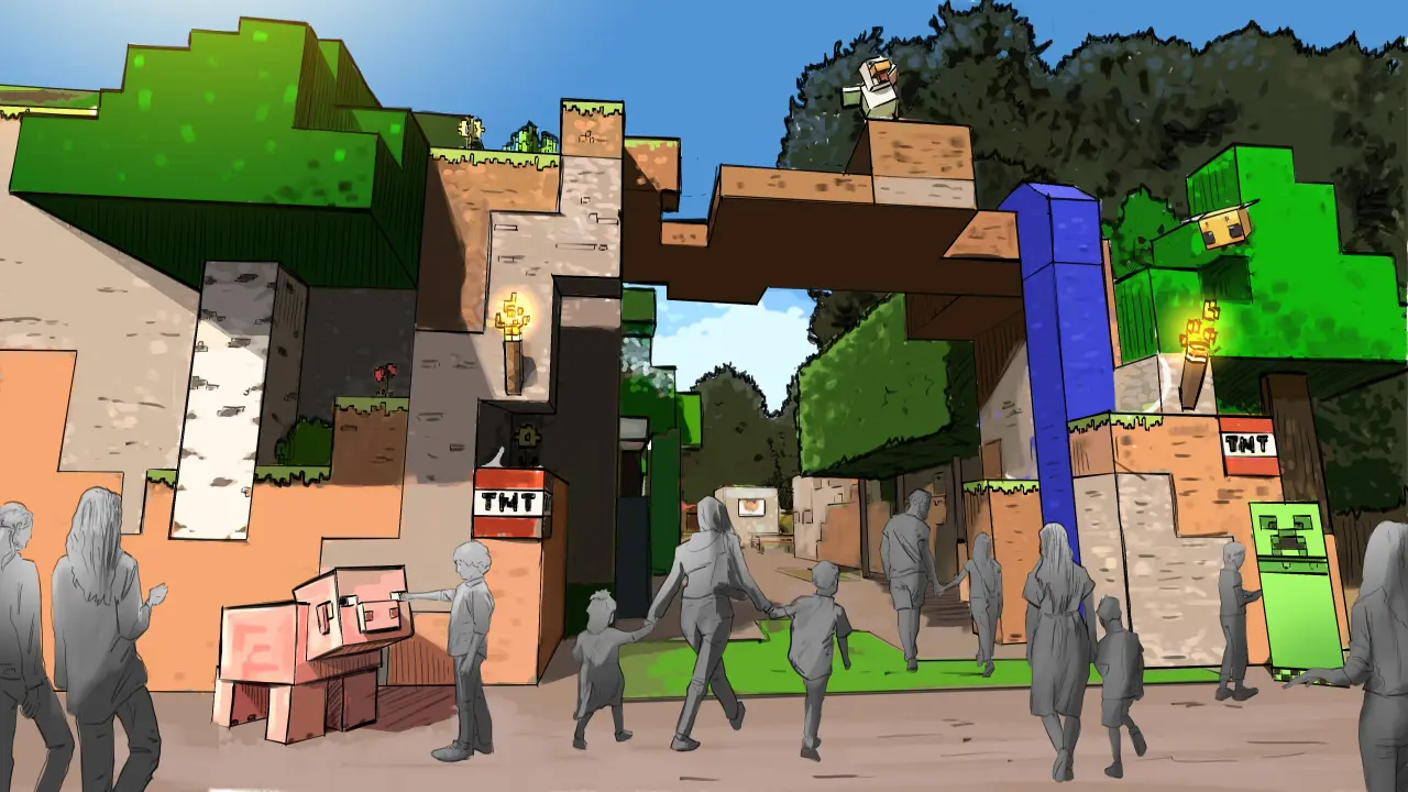Minecraft World theme park land entrance concept art