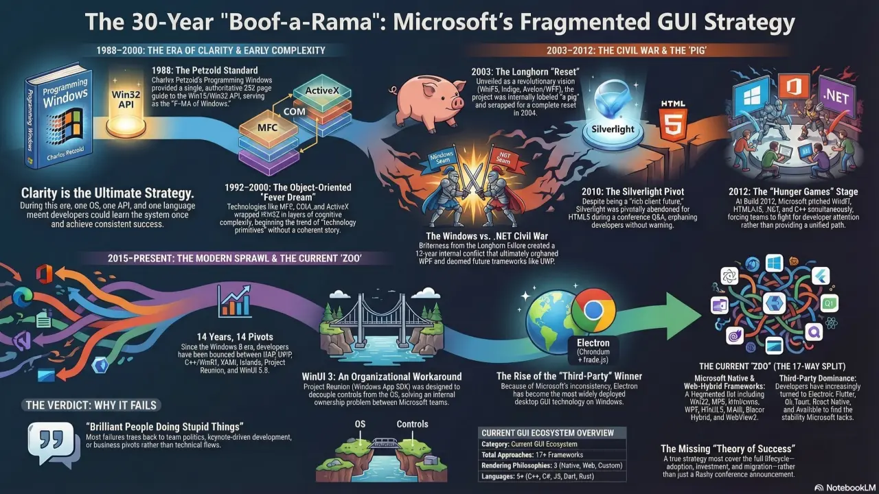 An AI-generated image showing Windows GUI development pivots across the past couple of decades