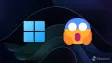 Windows 11 logo on left and shockedscreaming with fear emoji on the right