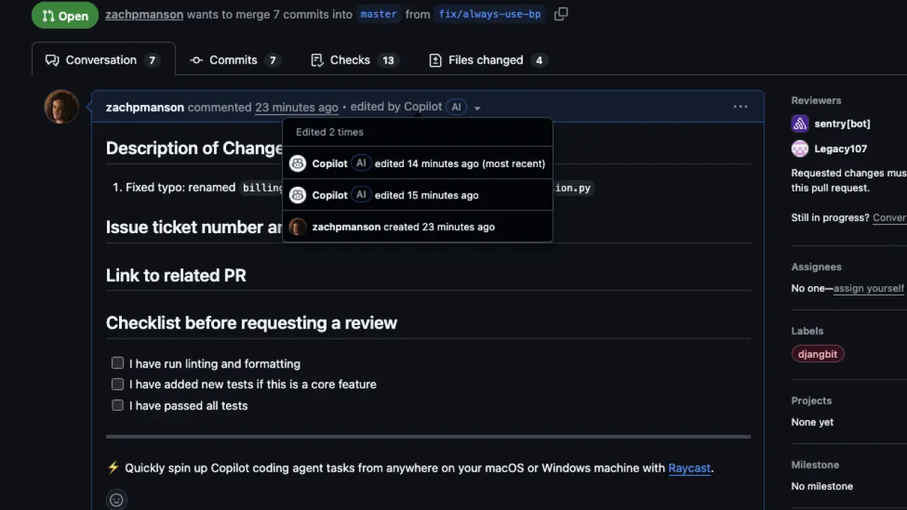 Copilot-injected ad appearing inside a developer's pull request description