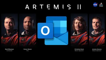 Artemis II astronauts on the sides and Outlook logo in the center