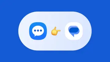 Samsung Messages logo with Google Messages logo and an emoji pointing to the right between them