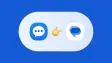 Samsung Messages logo with Google Messages logo and an emoji pointing to the right between them