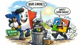 A cartoonic symbolization of France throwing Windows in the trash and holding a Linux penguin while