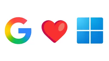Google and Windows logos on the sides and heart emoji in the center