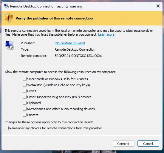 रिमोट डेस्कटॉप नवीन संवाद फाइल करते