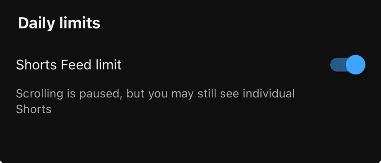 YouTube Shorts setting