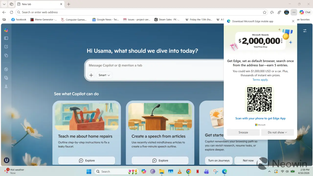 तुम्ही Windows 11 वर Edge वर स्विच केल्यास स्वीपस्टेक बक्षिसे दाखवणारी जाहिरात